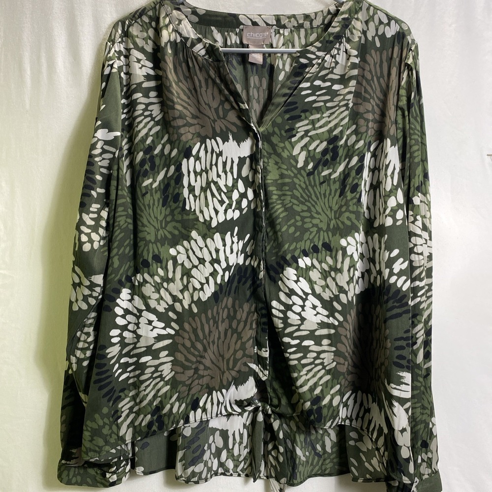Chicos Olive Green Abstract Floral‎ Tie Front Blouse Long Sleeve Top Size 3 XL